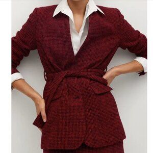 Mango‎ Houndstooth Wool-Blend Belted Red Black Blazer Jacket Coat & Skirt